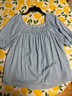 torrid Light Blue & White Striped Smocked Peasant Blouse